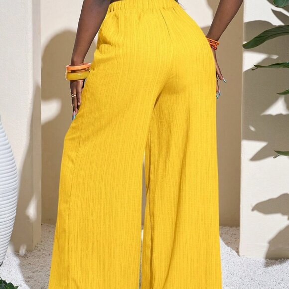 Yellow Casual Women's Full Length wide legging flowy Pants - Picture 4 of 9